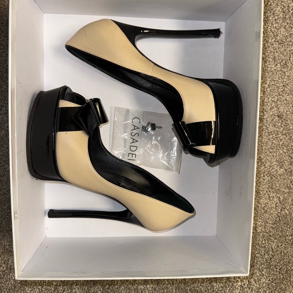 Casadei Black & Cream Leather Platform Peekaboo Heels